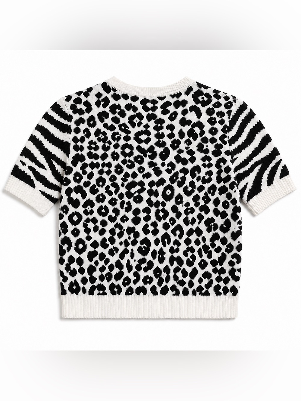 INTERMIX Animal Print Knit Sweater Large Black White Short Sleeve Luxe Pullover - Picture 3 of 7